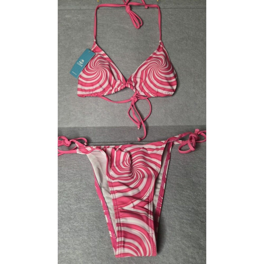 CUPSHE Bikini Set Women's Size S Pink Swirl Triangle Tie Side 2 Piece NWT